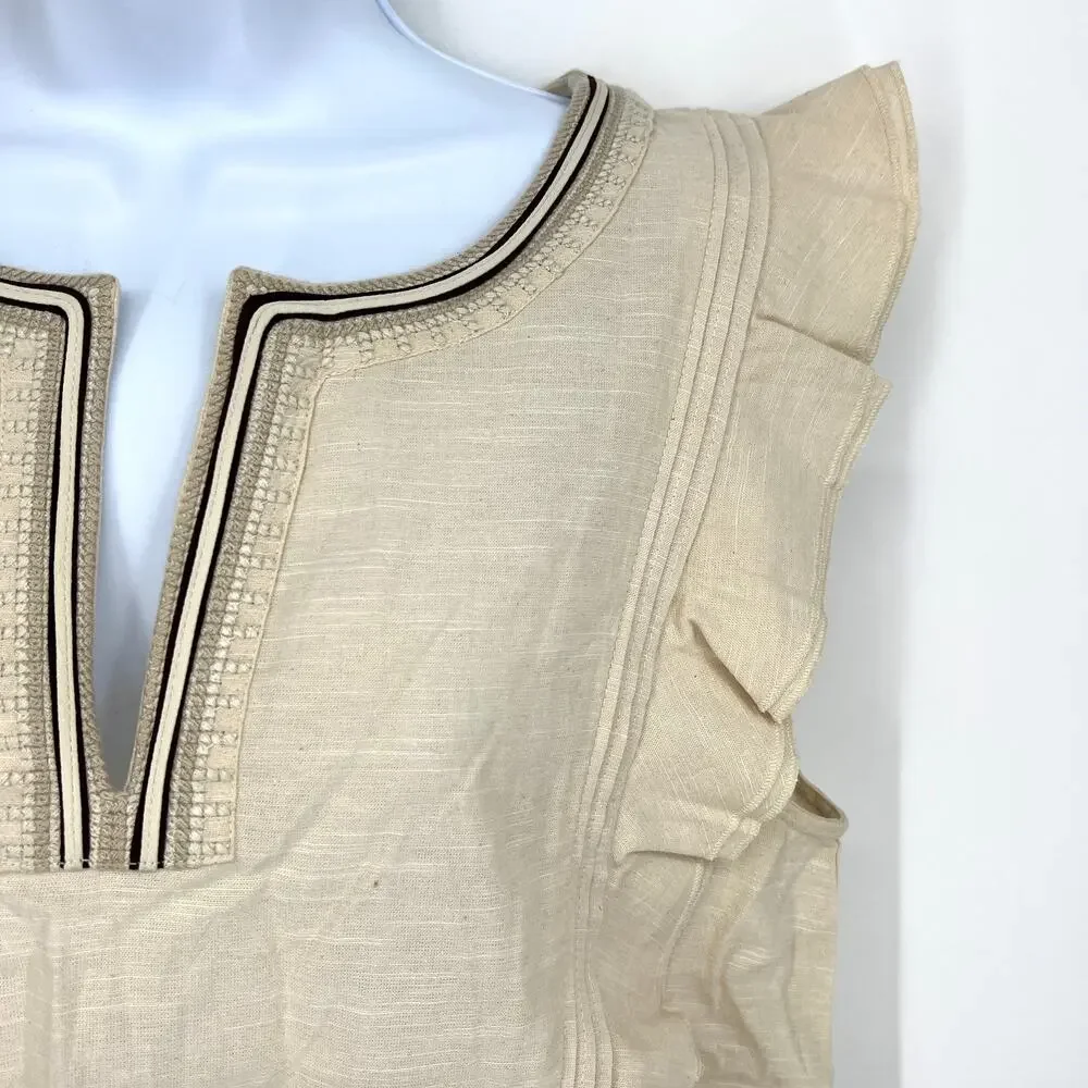 FRYE Ruffle Sleeveless Top Split V Neck Size M Oatmeal